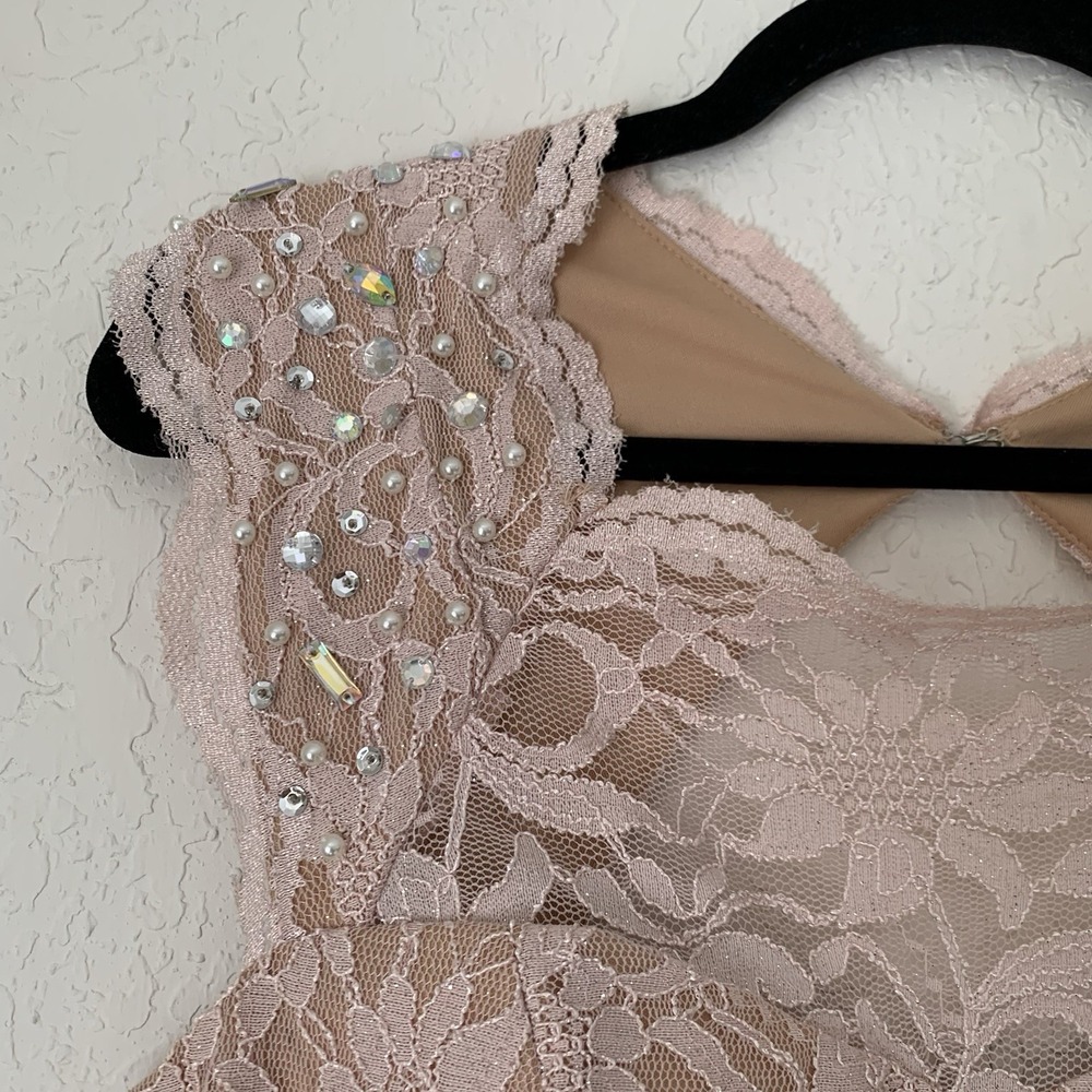 City Triangles Lace Gown Women 13 Pink Beaded Illusion Slit Prom Formal Romantic - Picture 5 of 12